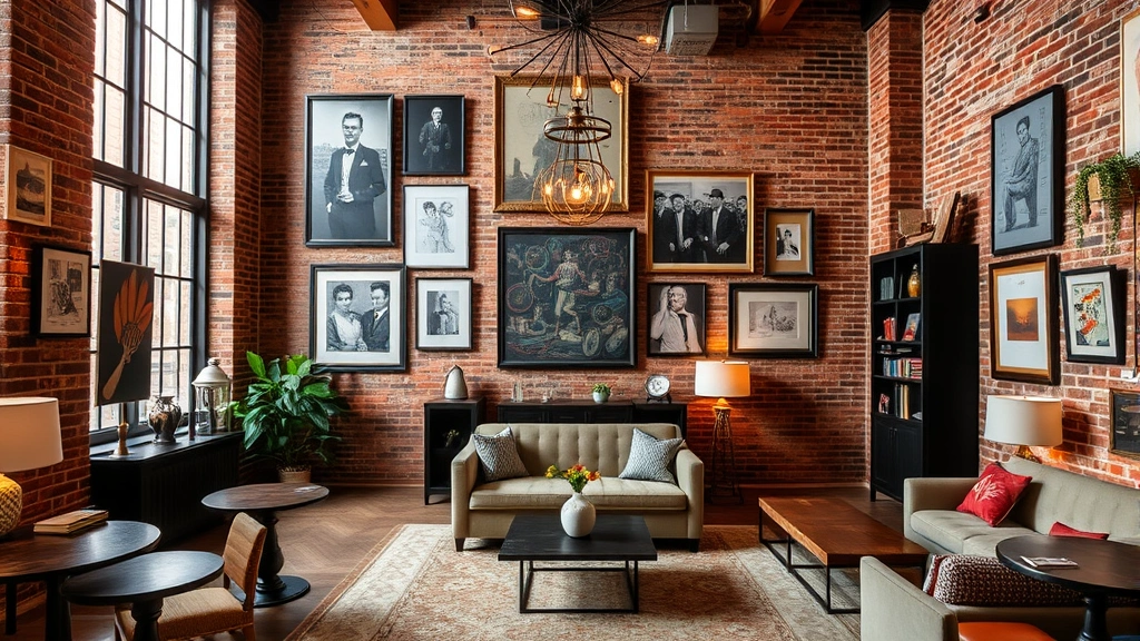 Boutique hotel lobby in historic Soho building featuring exposed brick walls, vintage artwork, comfortable seating areas with local design elements, warm ambient lighting, authentic neighborhood character