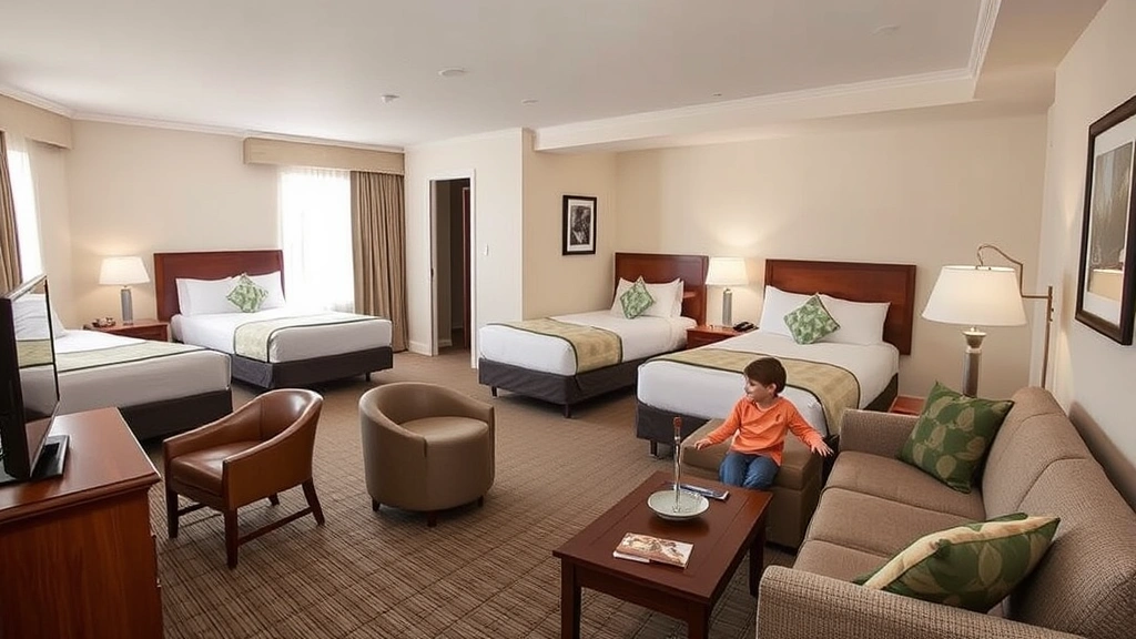 Family-friendly hotel room with separate living area, multiple beds, comfortable furnishings suitable for children and adults, bright natural lighting from windows, welcoming residential atmosphere