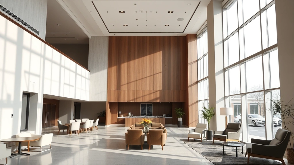 Contemporary hotel lobby with high ceilings, natural light from large windows, modern minimalist design, comfortable seating areas, professional but welcoming ambiance