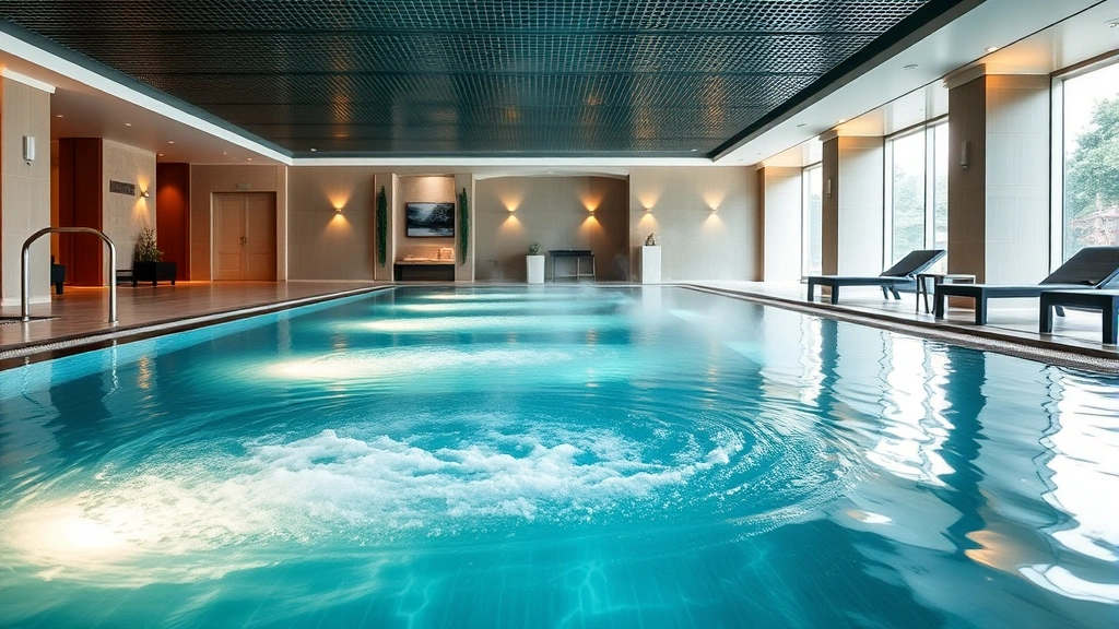 Luxury hotel spa and wellness center with indoor pool, heated water steaming gently, clean modern architecture, lounge chairs visible, serene relaxation environment