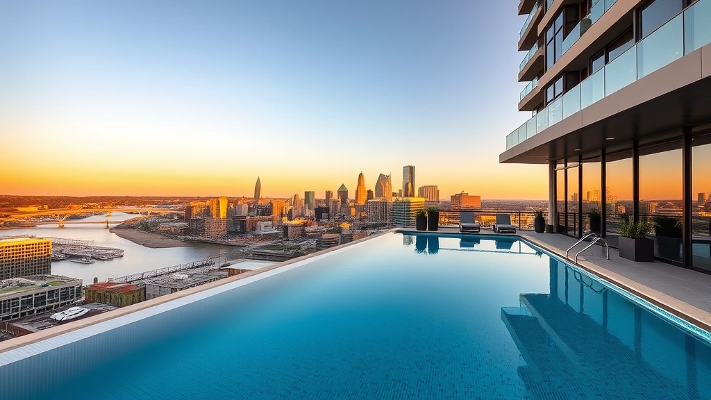 Modern luxury hotel rooftop pool overlooking Nashville cityscape at golden hour with river views and downtown skyline, contemporary architectural design, no text visible