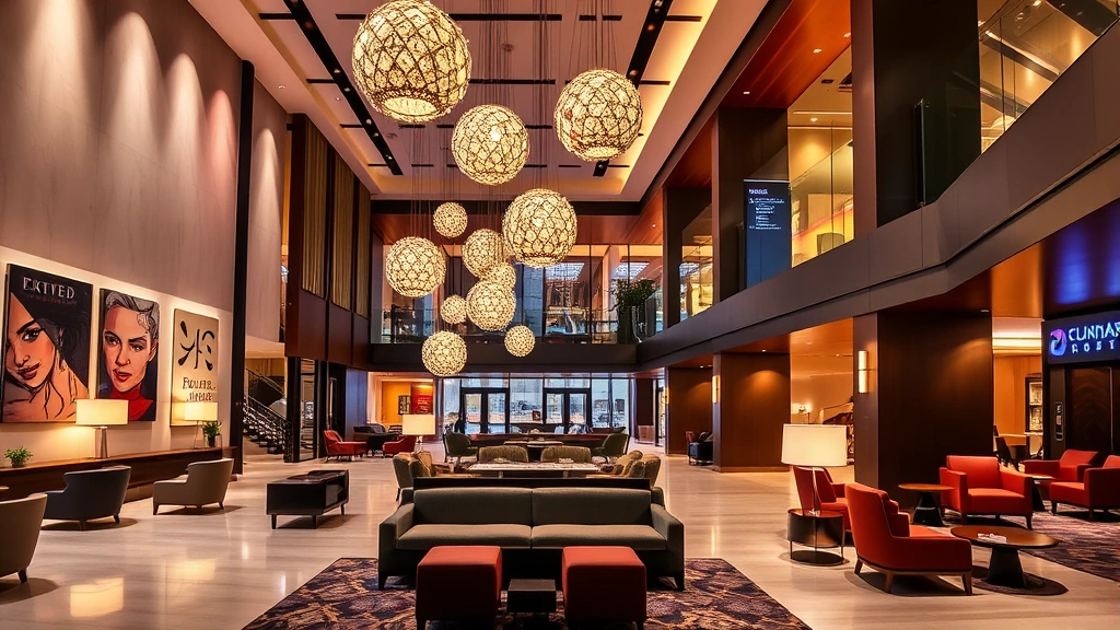 Hotel lobby with contemporary design featuring artistic installations, comfortable seating areas, warm ambient lighting, vibrant architectural elements, no visible room numbers or directional text