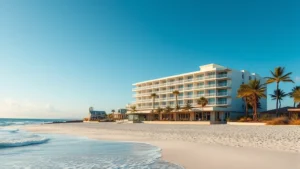 Oceanfront beachfront resort building exterior with modern architecture, sandy beach, ocean waves, blue sky, and palm trees, daytime lighting, photorealistic residential coastal setting