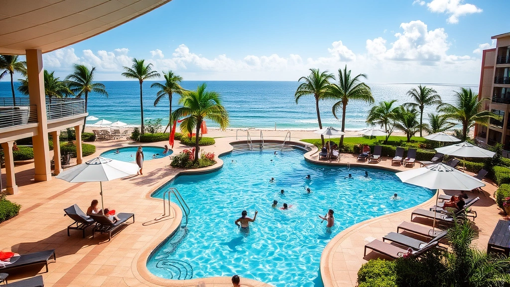 Resort swimming pool area with heated indoor-outdoor transition, lounge chairs, umbrellas, ocean backdrop, families enjoying water, tropical landscaping, bright sunny afternoon