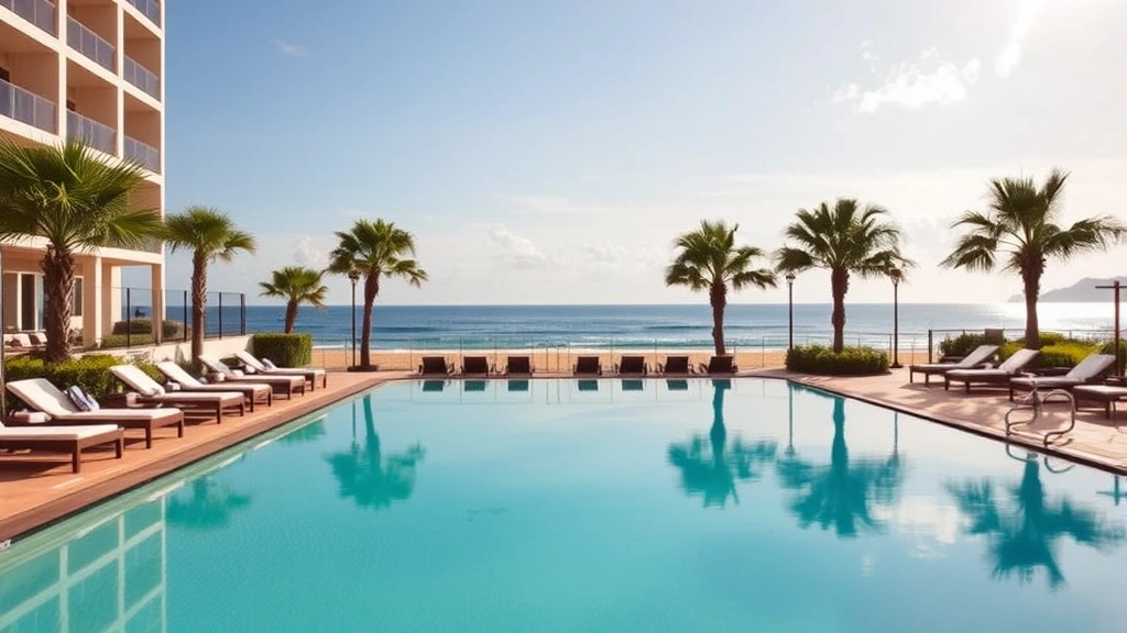 Luxurious hotel swimming pool area overlooking ocean, comfortable lounge chairs with white cushions, calm pool water reflecting sky, palm trees and tropical landscaping, beachfront setting with sandy beach visible beyond pool deck, serene relaxation atmosphere