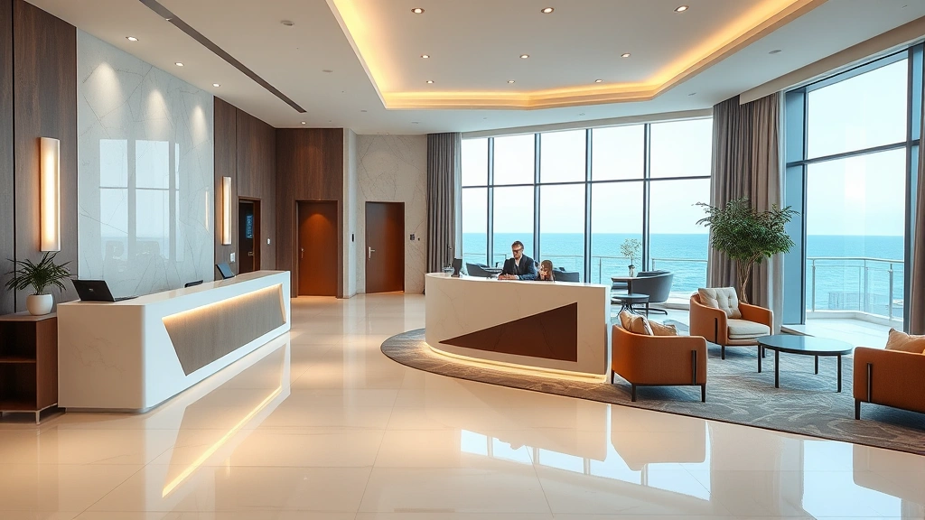 Hotel lobby entrance with contemporary design, sleek reception desk with professional staff, modern lighting fixtures, ocean view through large windows, clean polished flooring, minimalist décor with comfortable seating areas, welcoming professional hospitality space