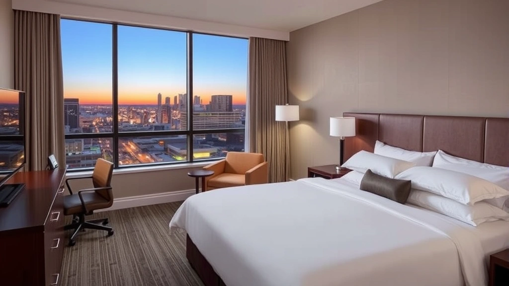Modern hotel room interior with contemporary furnishings, neutral color palette, comfortable bed with premium bedding, work desk, and floor-to-ceiling window overlooking Burbank cityscape at dusk