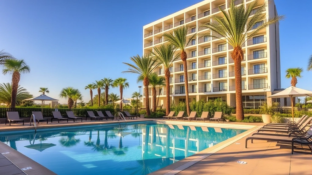 Outdoor heated swimming pool area with lounging chairs, tropical landscaping, and modern hotel building facade in background under clear afternoon sunlight