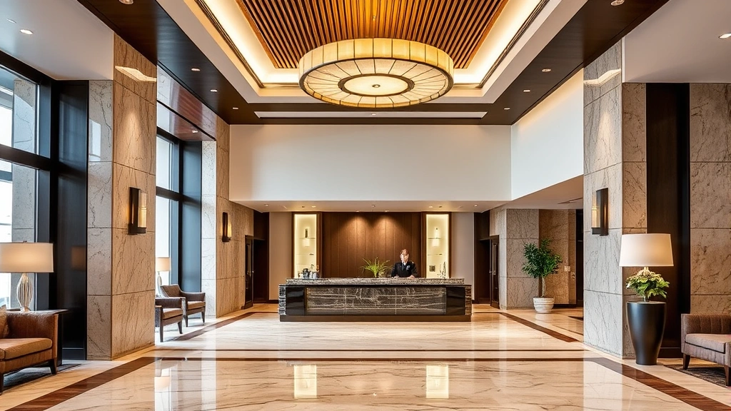 Hotel lobby entrance with contemporary design elements, marble flooring, modern lighting fixtures, and welcoming front desk area with professional staff in background