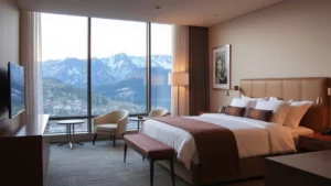 Modern hotel bedroom with king bed, contemporary furnishings, mountain view through large window, warm lighting, clean minimalist design, Colorado mountain landscape visible outside
