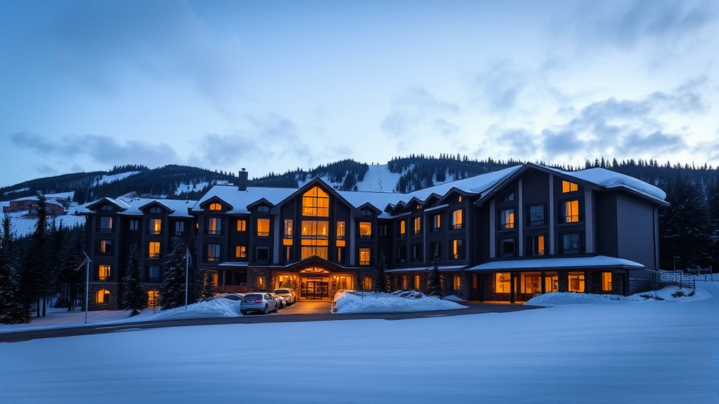 Hotel exterior at dusk with snow-covered ground, warm building lighting, ski slope visible in background, mountain forest surroundings, contemporary architecture, cozy mountain resort atmosphere