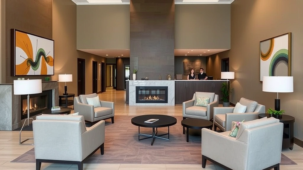 Hotel lobby or common area with contemporary design, comfortable seating arrangements, fireplace, neutral color palette, modern art on walls, professional staff at front desk in background, welcoming atmosphere