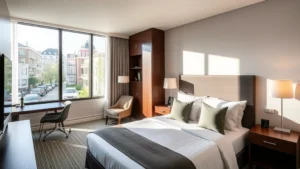 Modern contemporary hotel room with clean lines, comfortable bed, work desk, and natural lighting through windows overlooking residential urban area