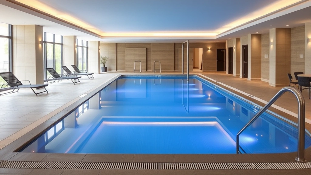 Indoor heated swimming pool with blue water, lounge chairs, and contemporary hotel interior architecture, no people visible