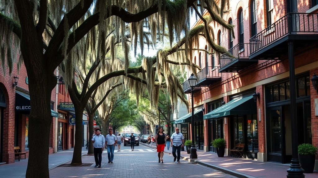 Historic downtown street lined with brick buildings, Spanish moss trees, pedestrians walking, shops and restaurants, daytime natural lighting
