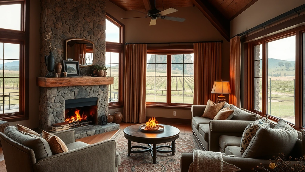 Cozy boutique hotel room interior featuring a fireplace, comfortable seating area with vineyard views through large windows, warm earth tones, and locally-sourced decor elements, photorealistic, residential ambiance