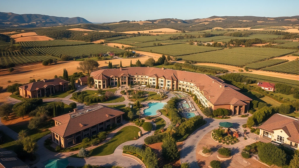 Aerial view of a sprawling resort property with multiple buildings, guest accommodations, spa facilities, and wine country landscape of oak trees and vineyards stretching to distant hills, photorealistic, daytime lighting