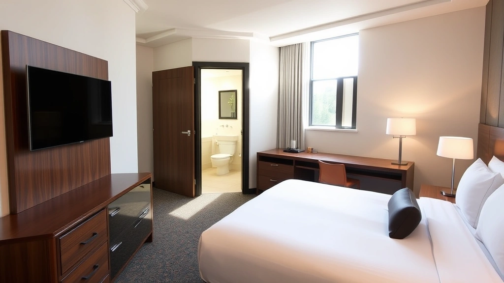 Modern hotel room with neatly made bed, work desk with lamp, flat-screen TV, and clean bathroom visible through open door, morning natural light streaming through window