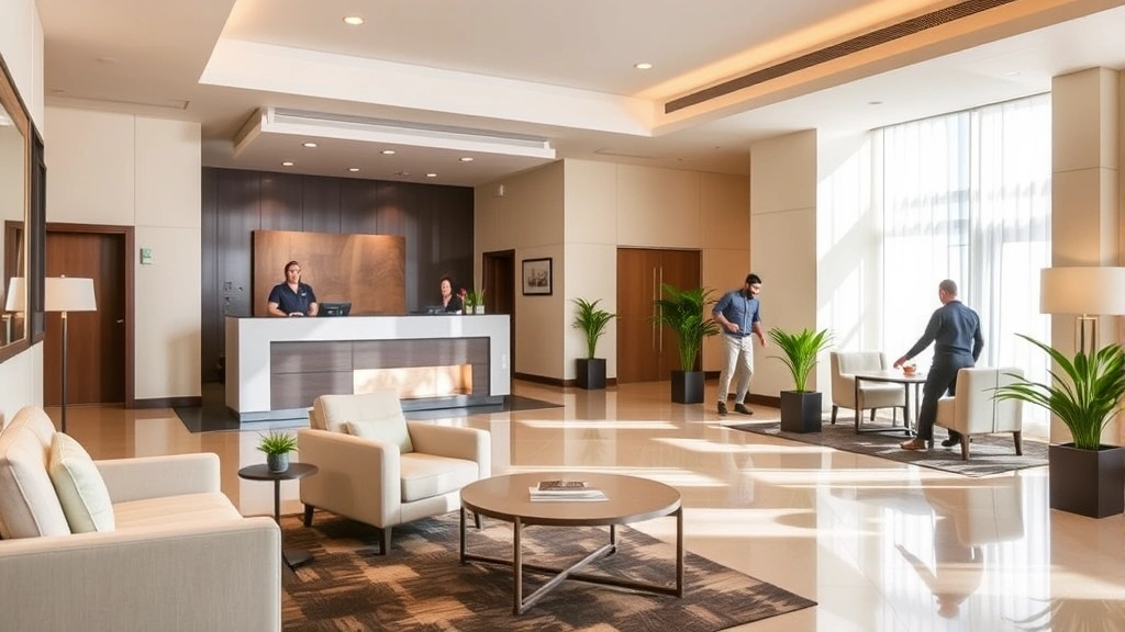 Bright hotel lobby with comfortable seating area, front desk with attentive staff member, contemporary decor with neutral tones, potted plants, and guests checking in
