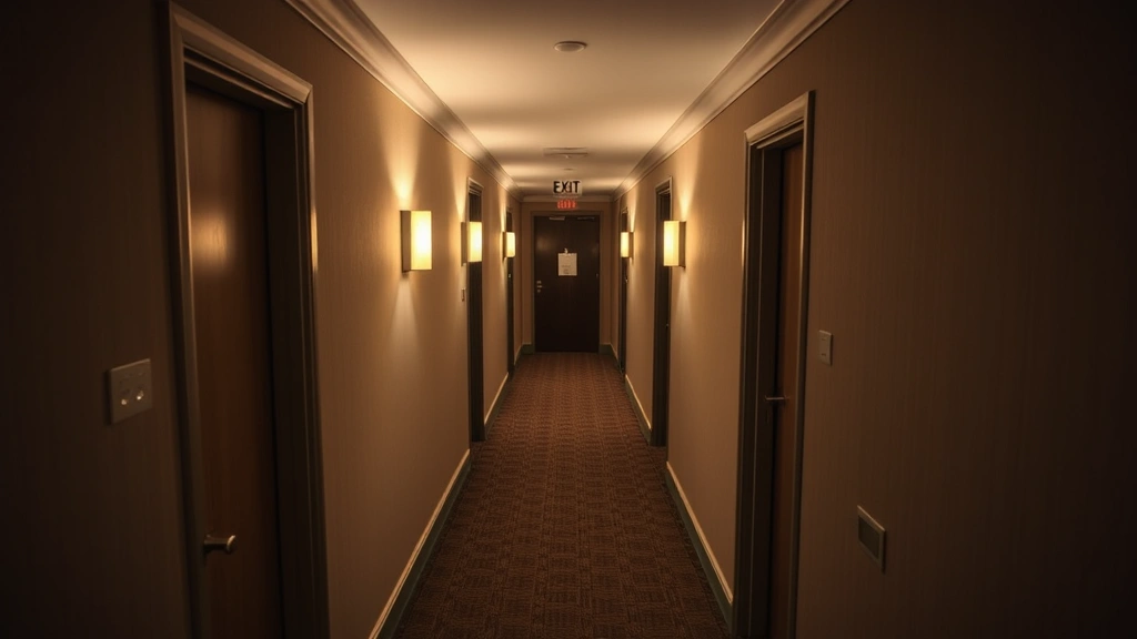 Overhead view of hotel corridor with closed guest room doors, clean carpeted hallway, wall sconces providing warm lighting, and exit sign visible at end