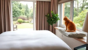 Spacious hotel room with large window overlooking garden, comfortable bed, and cozy window perch with cushion where an orange tabby cat sits peacefully looking outside at birds