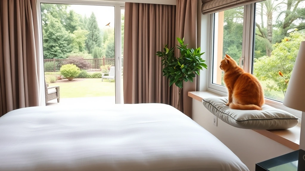 Spacious hotel room with large window overlooking garden, comfortable bed, and cozy window perch with cushion where an orange tabby cat sits peacefully looking outside at birds