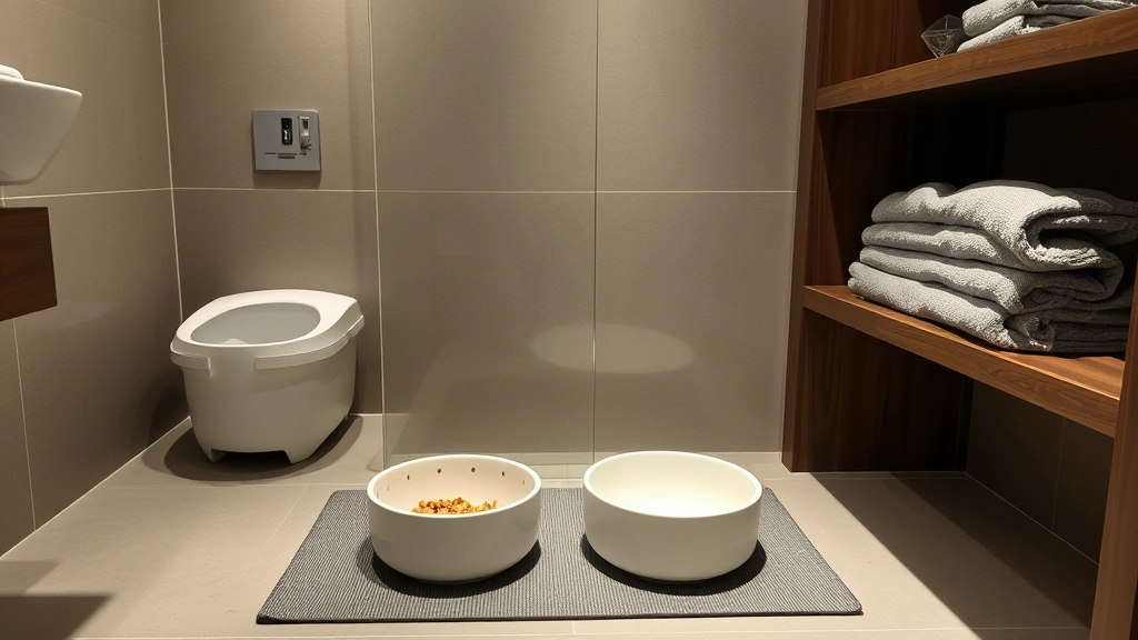 Modern hotel bathroom with ceramic food and water bowls on mat, litter box in corner with privacy screen, and soft gray towels neatly folded on shelf