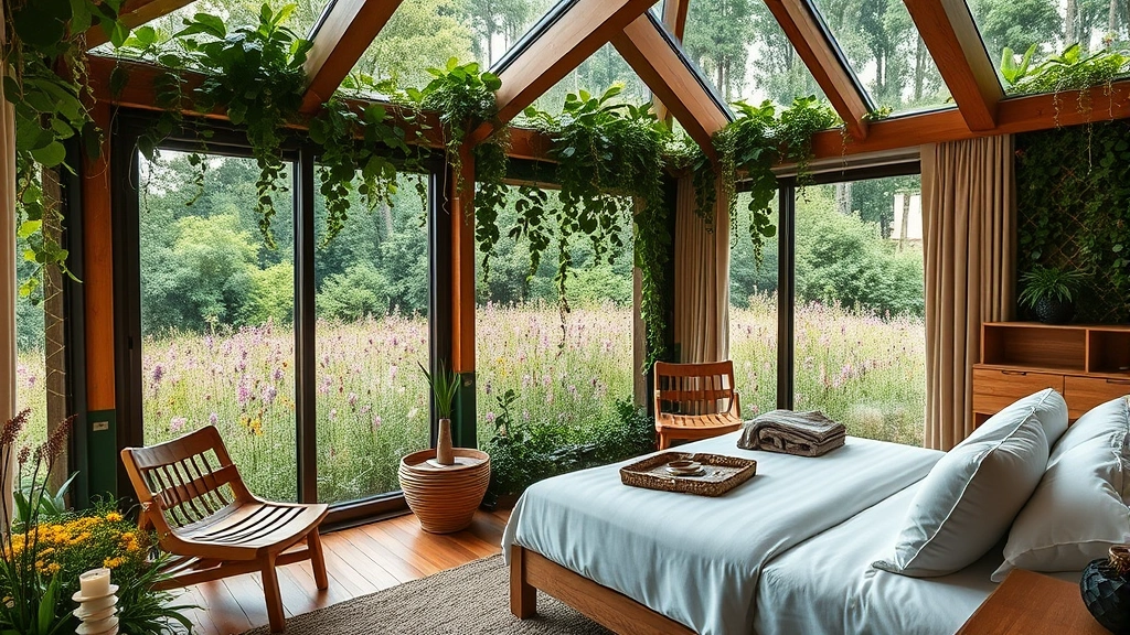 Modern eco-hotel guest room with living plant walls, natural wood furniture, and large windows overlooking native wildflower gardens with butterfly activity