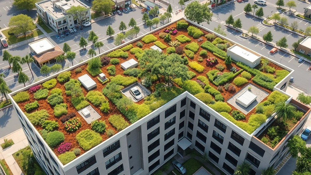 Aerial view of hotel property featuring green roofs with native vegetation, pollinator gardens, rainwater collection systems, and natural landscape restoration