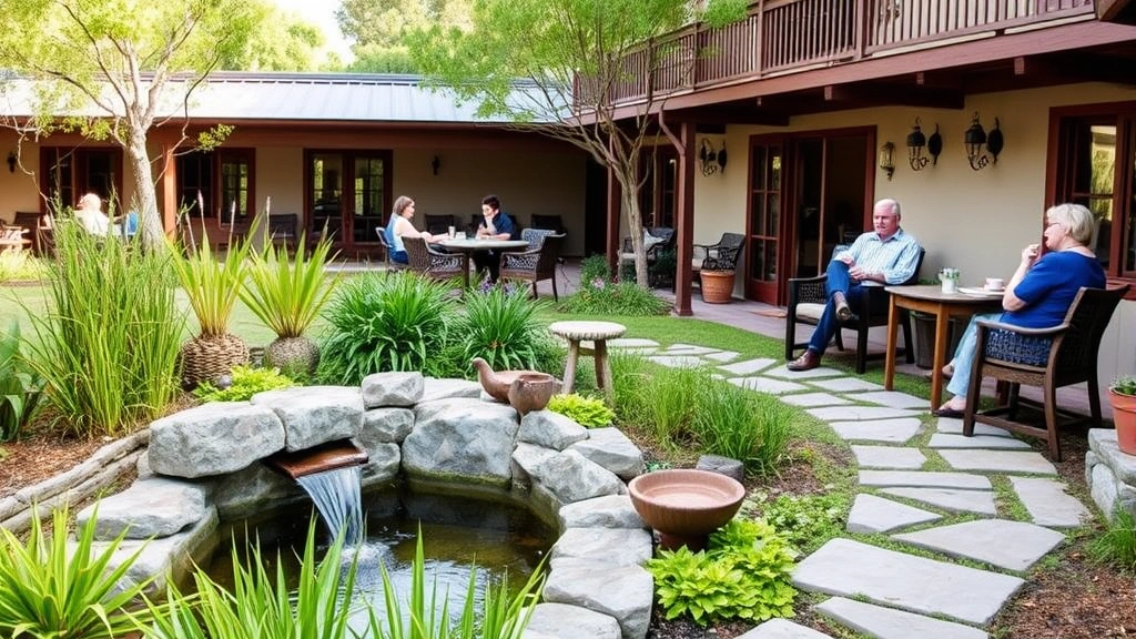 Peaceful outdoor hotel seating area with native plants, natural water feature, stone pathways, and guests enjoying morning tea surrounded by birdsong and garden ecosystem