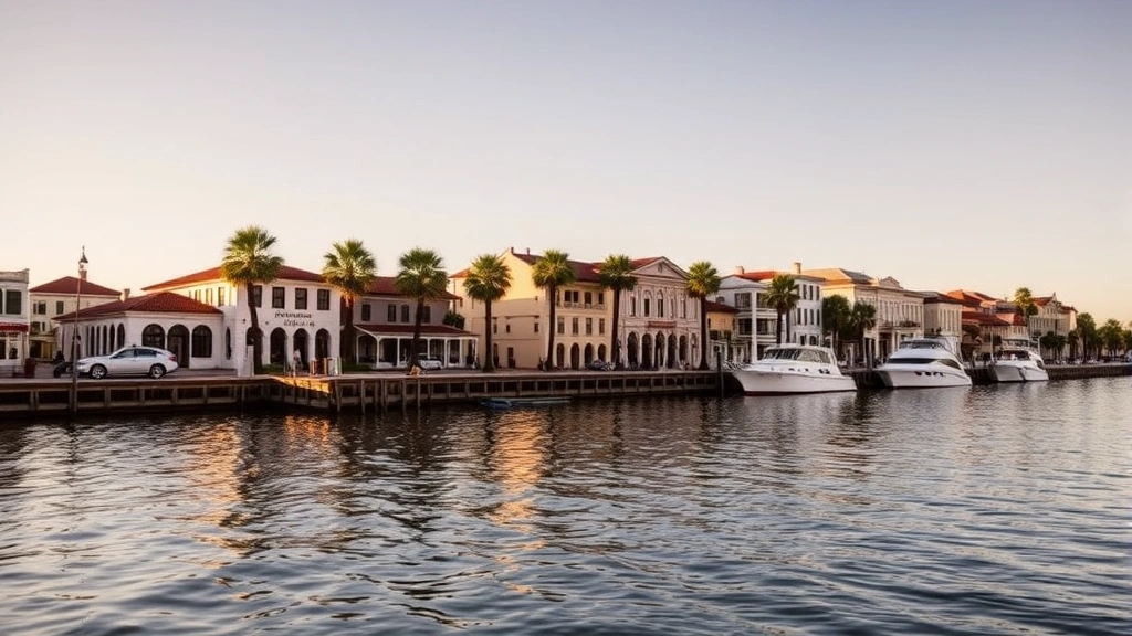 Sunny coastal waterfront with historic architecture and palm trees, showing St. Augustine's atmospheric historic district with Spanish colonial buildings reflected in water, golden hour lighting, no visible signage or text, peaceful tourism environment