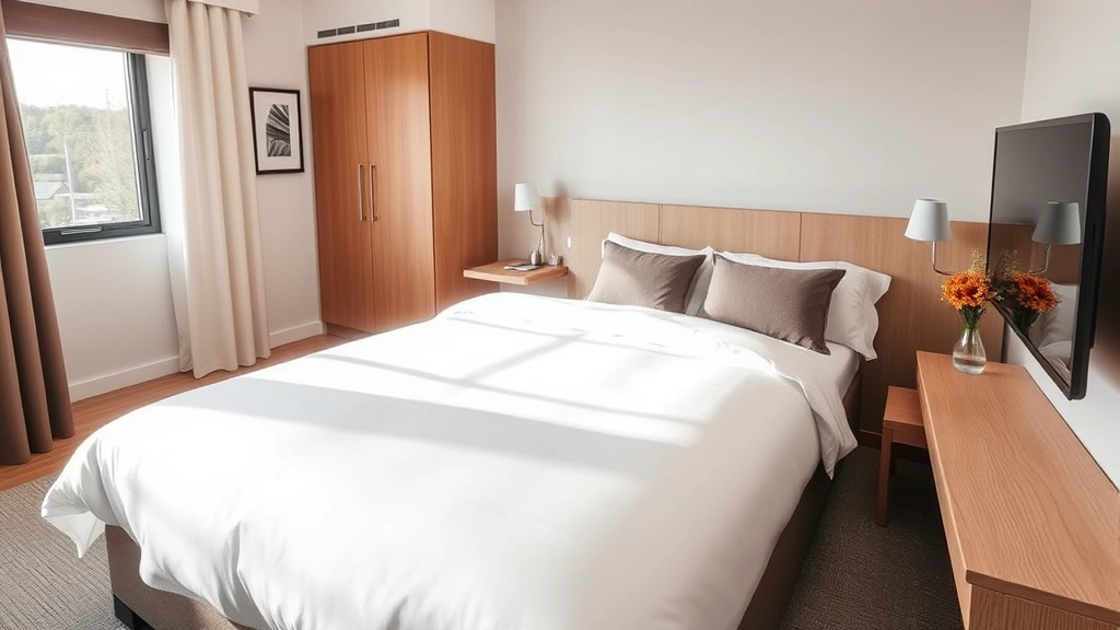 Modern comfortable hotel room interior featuring clean bed, neutral tones, minimalist furnishings, and window with natural light, photorealistic contemporary hospitality setting, welcoming budget-friendly aesthetic without visible branding