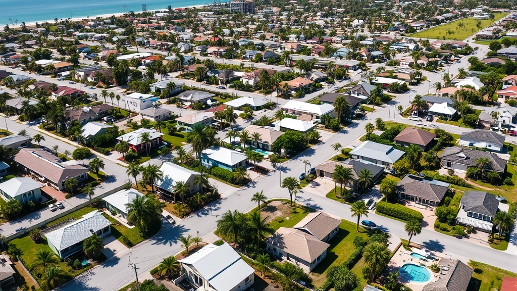 Aerial view of residential Florida neighborhood with palm trees, single-family homes and small hotels interspersed, coastal landscape, sunny day, showing diverse accommodation options and suburban accessibility, no identifying addresses