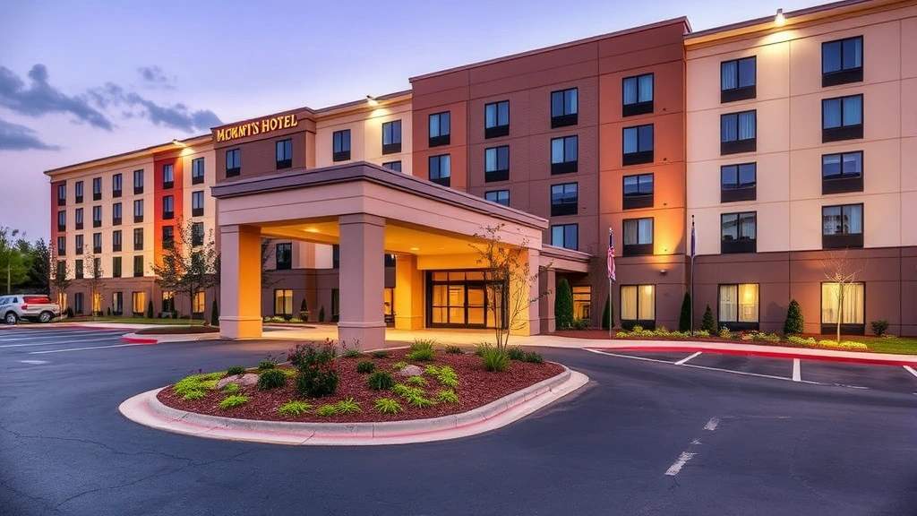 Memphis hotel exterior showing entrance area, landscaping, parking lot, modern architecture, daytime lighting, professional appearance, inviting entryway, no visible hotel names or address numbers