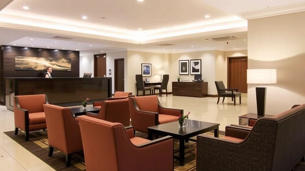Hotel lobby interior with comfortable seating, reception desk in background, modern lighting, clean flooring, welcoming atmosphere, business center area visible, contemporary furnishings, no visible text or identifying information