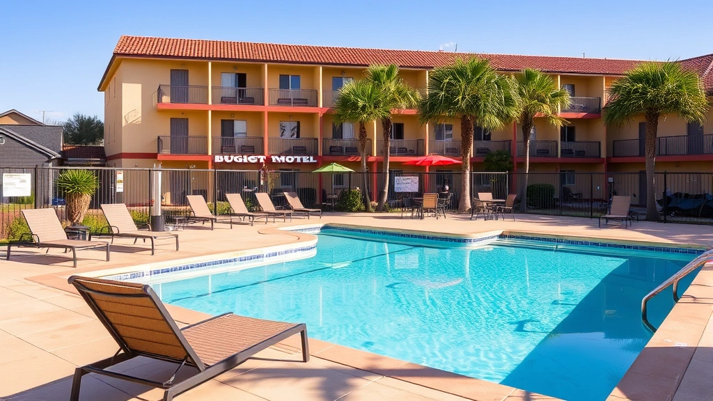 Outdoor swimming pool at a budget motel with clear blue water, lounge chairs, and palm trees, daytime sunny setting, residential hotel building in background