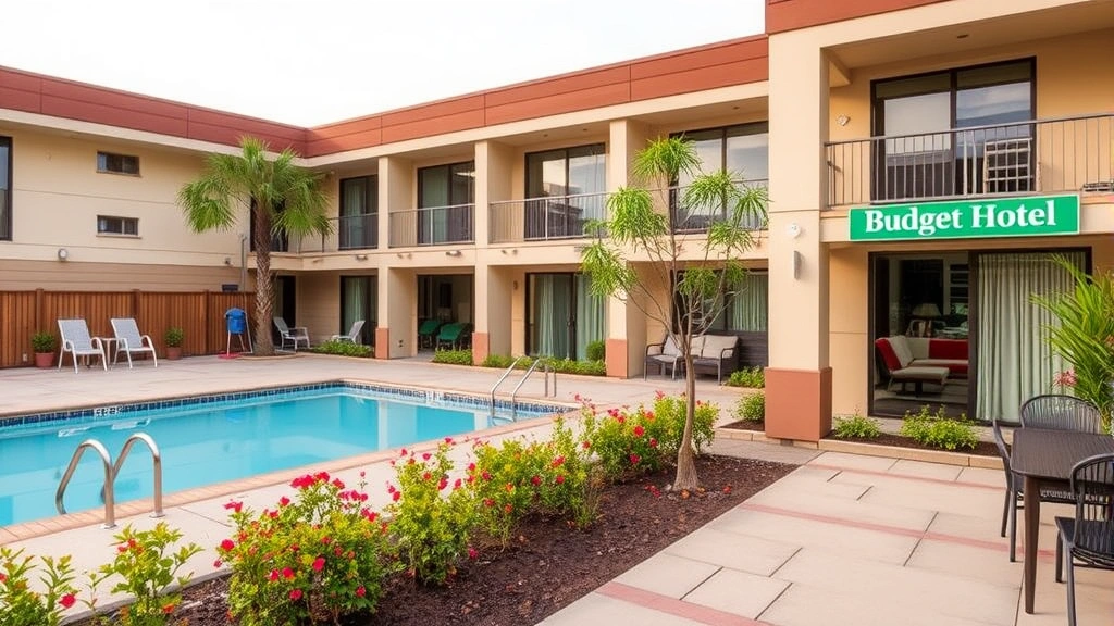Modern budget hotel exterior with well-maintained pool area, landscaping, clean water, outdoor seating area, no guests visible, professional maintenance appearance