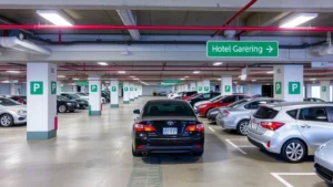 Modern hotel parking garage with well-lit spaces, clean concrete floors, clear directional signage, and parked vehicles representing diverse car types in a secure, organized facility