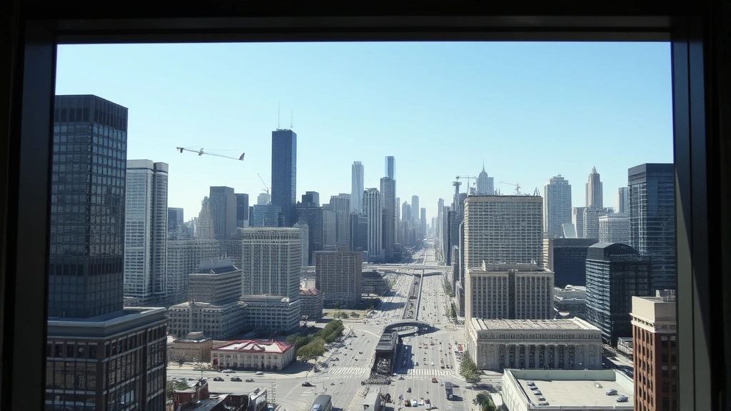 Chicago downtown skyline visible from a hotel window with streets below showing traffic and urban landscape, bright daytime lighting highlighting iconic buildings and architecture