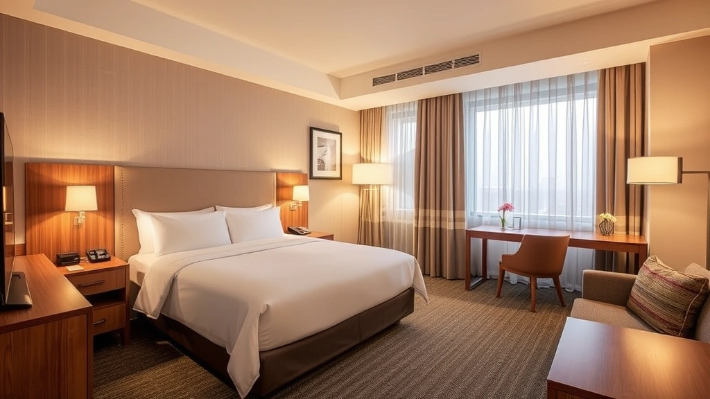 Comfortable hotel room interior with queen bed, neutral bedding, desk workspace, modern furnishings, and warm ambient lighting creating inviting residential atmosphere