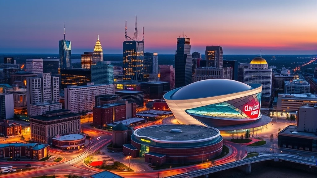Modern downtown Cleveland skyline with Quicken Loans Arena illuminated at dusk, residential buildings and hotels visible, urban landscape with roads and city lights reflecting off nearby buildings, no signage or text