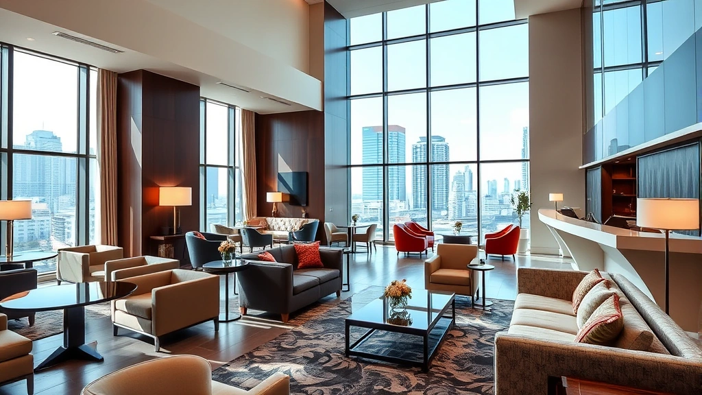 Upscale hotel lobby interior with comfortable seating areas, modern furnishings, natural lighting from large windows showing city views, welcoming reception desk area, contemporary design aesthetic