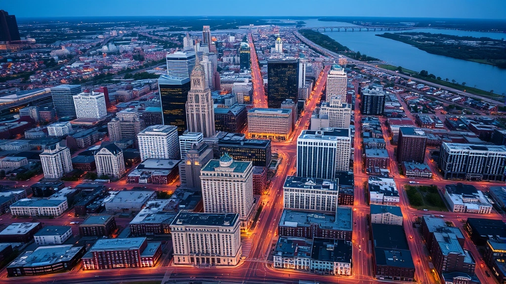 Aerial view of Cleveland downtown district showing dense hotel and residential buildings, street grid pattern, proximity to waterfront, mixed-use urban development, evening lighting, no identifying markers
