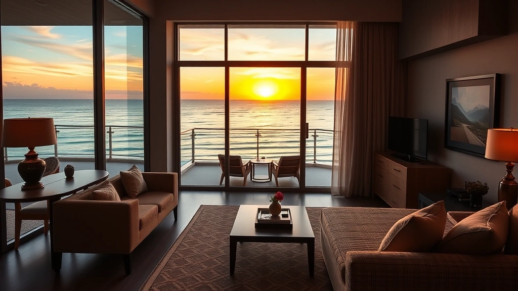 Luxurious oceanfront hotel suite with floor-to-ceiling windows overlooking pristine turquoise beach, modern furnishings, and private balcony at sunset