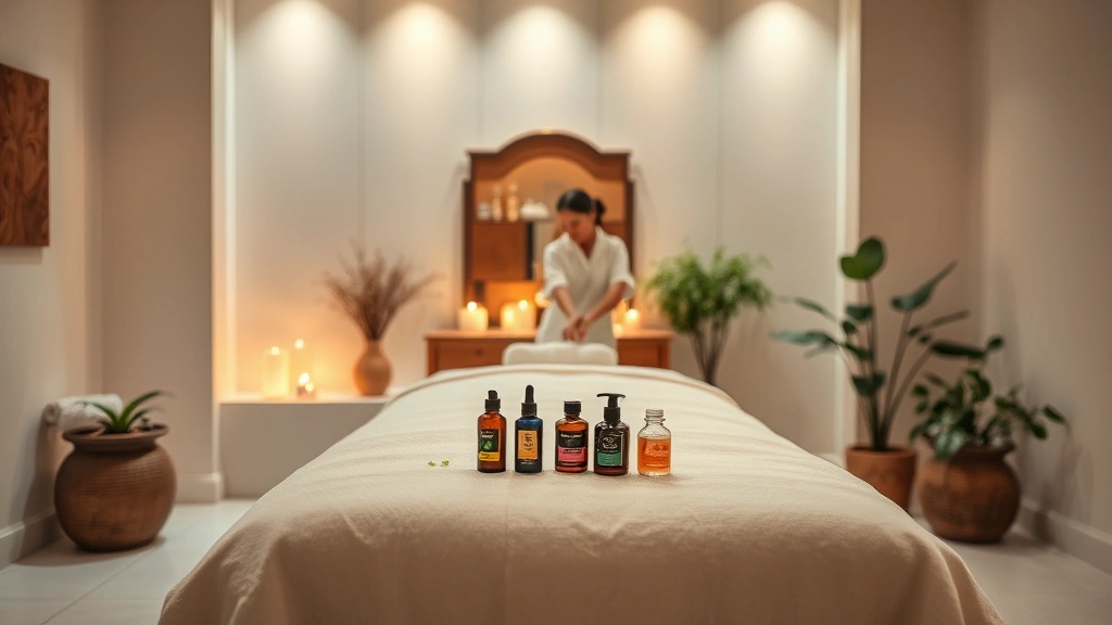 Upscale spa treatment room with massage table, soft lighting, plants, and serene wellness environment, spa professional preparing massage oils