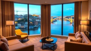 Luxurious modern hotel suite overlooking the Douro River in Porto, featuring floor-to-ceiling windows, contemporary furnishings, and river views with historic bridge visible in background during golden hour lighting