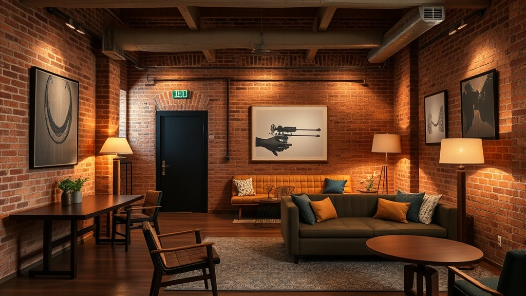Boutique hotel interior with exposed brick walls, contemporary Portuguese art, minimalist wooden furniture, and atmospheric warm lighting in a converted historic warehouse space