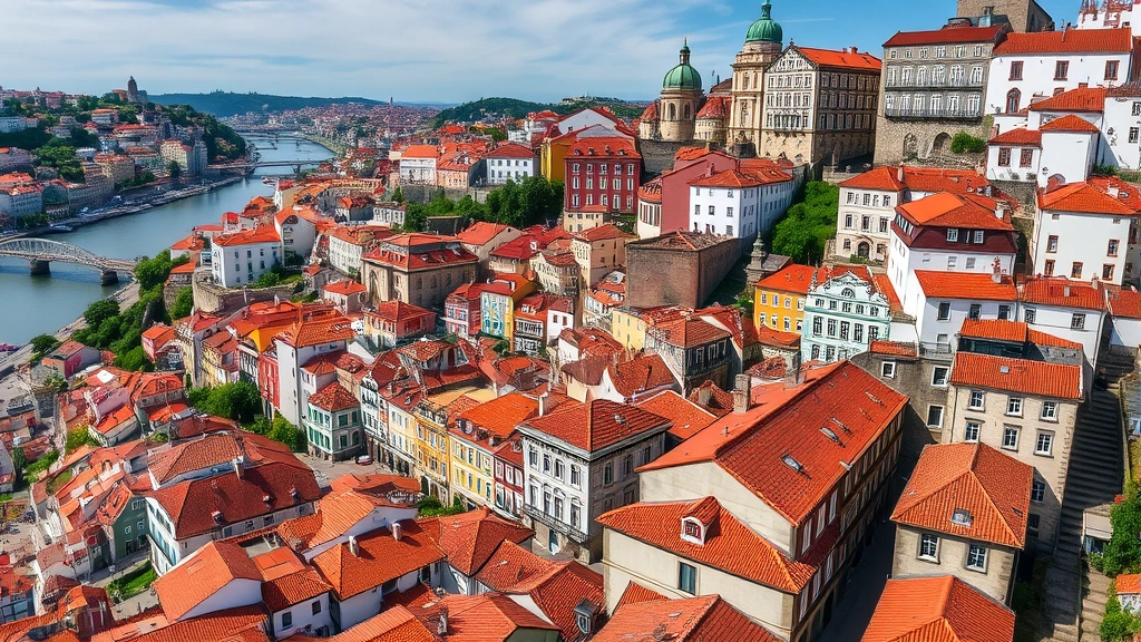 Aerial view of Porto's Ribeira neighborhood showing colorful traditional buildings cascading down hillside toward river, with historic hotel rooftops and narrow medieval streets creating authentic urban landscape