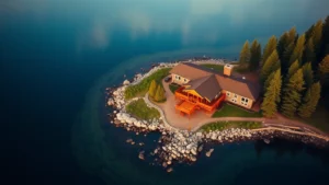 Aerial view of a rustic lodge nestled on Lake Superior's shoreline with pristine water reflecting surrounding pine forests and rocky coastline