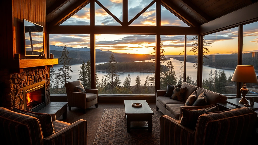 Cozy hotel fireplace lounge with comfortable seating, warm lighting, and large windows framing dramatic lake and forest views during golden hour